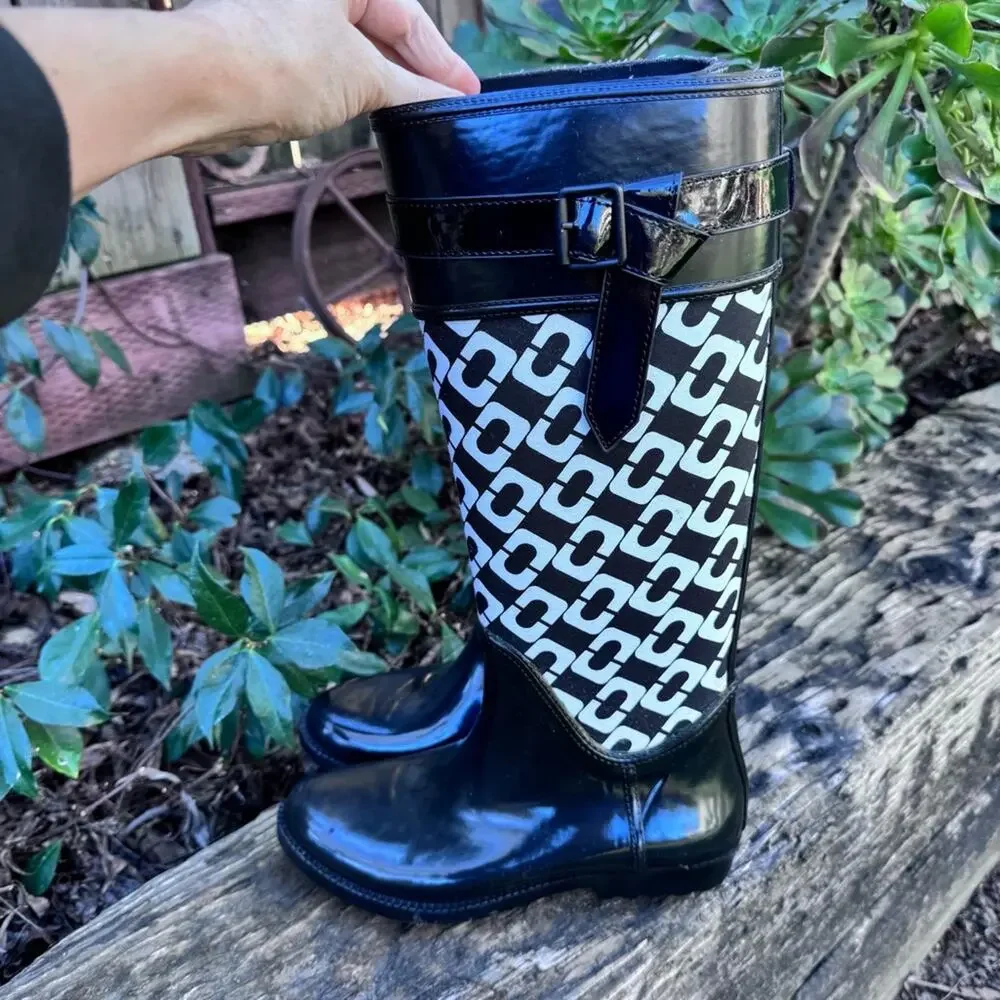 DVF Diane Von Furstenberg Black White Whitney Rubber Rain Boots Women's Size 6